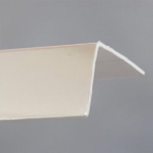 White plastic bath trim corner profile against a plain grey background