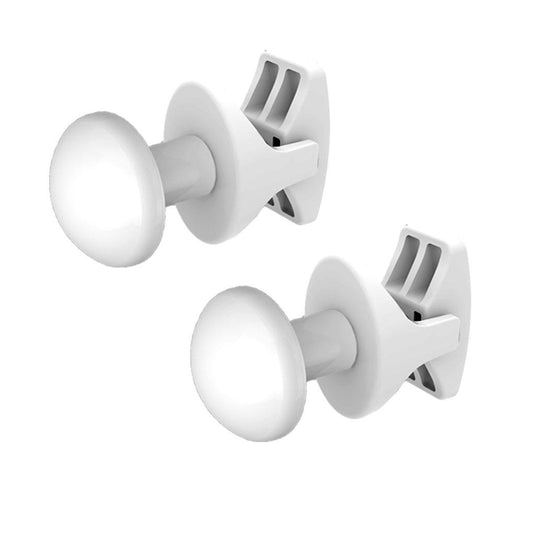 Pair of white wall-mounted bathroom robe hooks on white background