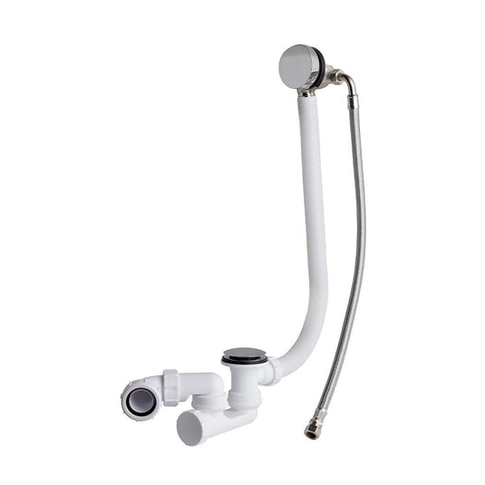 White bath waste and overflow kit with chrome finish and flexible connector on white background.