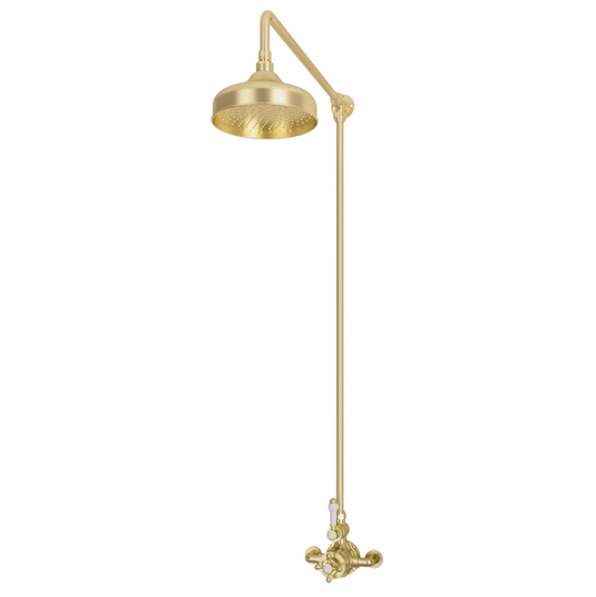 Eastbrook Traditional Twin Thermostatic Exposed Shower Valve with Rigid Riser & 8" Rose Head - Brushed Brass | 60.2012