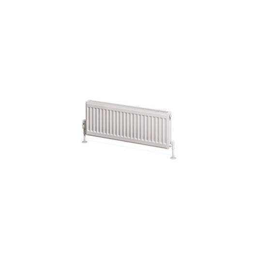 White horizontal bathroom radiator with panel design and floor-mounted valves