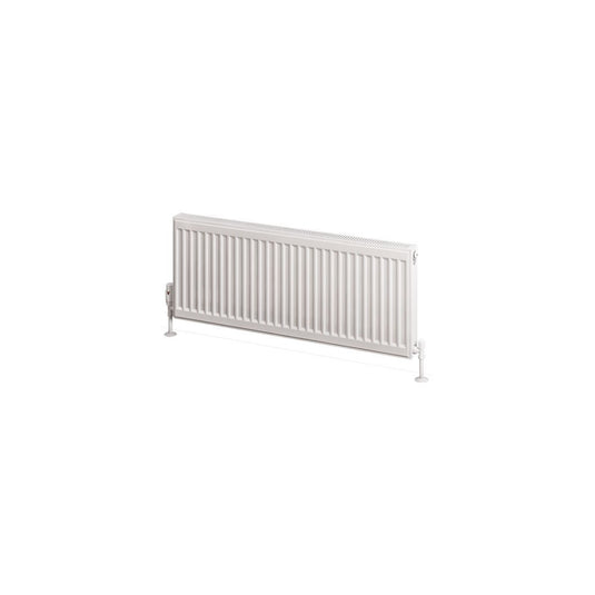 Horizontal white panel radiator with vertical grooves and floor-mounted valves