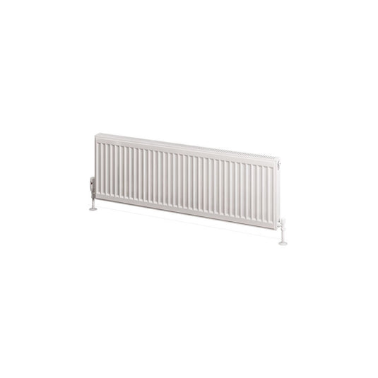 Horizontal white panel bathroom radiator with valve fittings on a white background