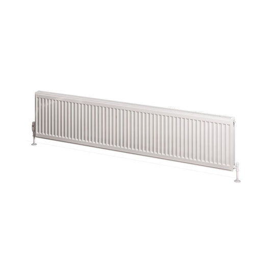 Horizontal white double panel radiator with vertical fins and end valves, isolated on white