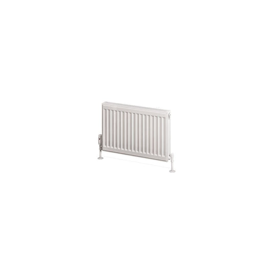Horizontal white panel radiator with vertical grooves and valve fittings, isolated on white background