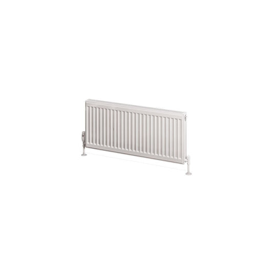 Horizontal white panel radiator with valves, modern bathroom heating unit on white background