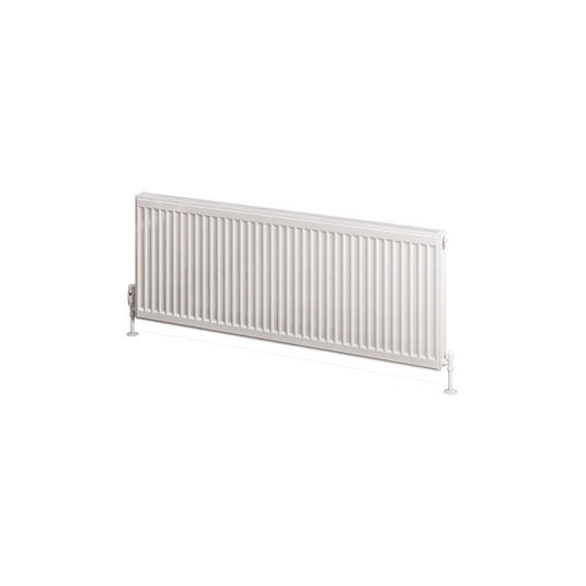 Modern white horizontal panel radiator with vertical grooves, isolated on white background