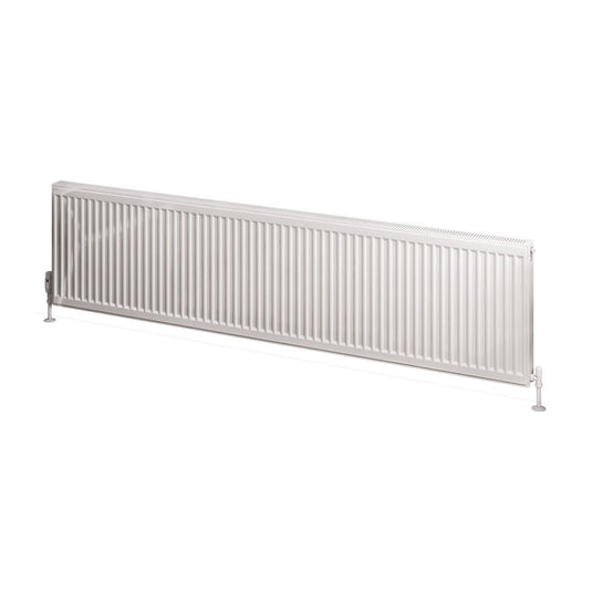 Horizontal white double panel radiator with vertical fins and floor-mounted legs