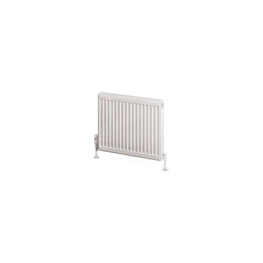 White horizontal panel radiator with vertical grooves, modern heating unit