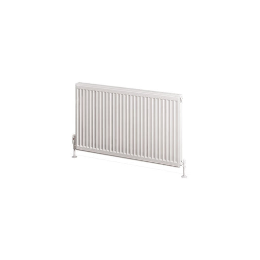 White horizontal panel radiator with vertical grooves and floor mounting brackets
