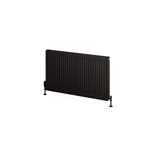 Horizontal black designer radiator with vertical panels on white background