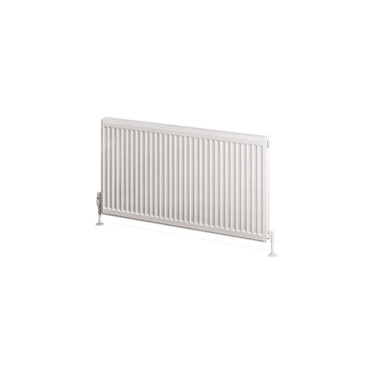 White horizontal panel bathroom radiator with vertical grooves, freestanding on white background