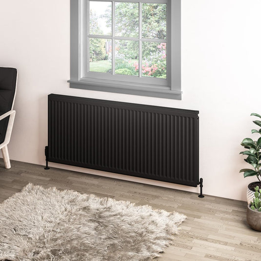 Modern black horizontal radiator under window in stylish living room with rug and plant