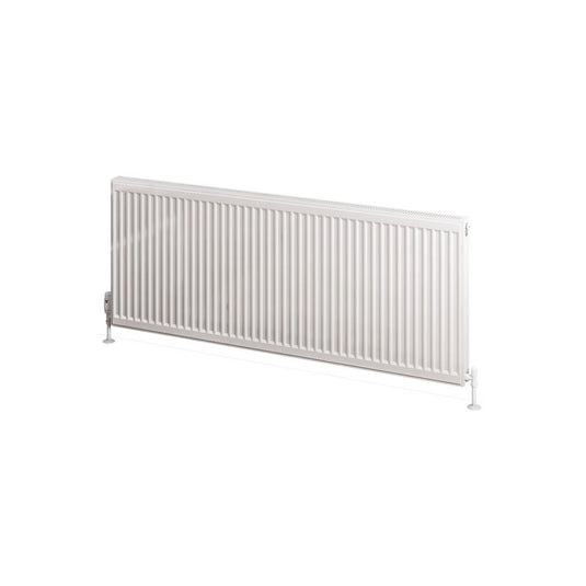 Horizontal white panel radiator with vertical grooves for modern bathroom heating