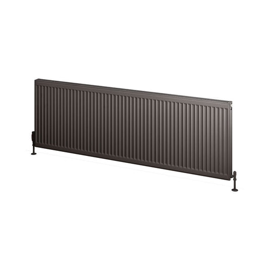 Modern horizontal anthracite double panel radiator with vertical grooves on white background