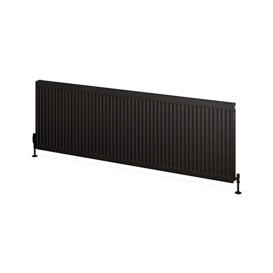 Horizontal black panel radiator with slim vertical ridges for modern bathrooms