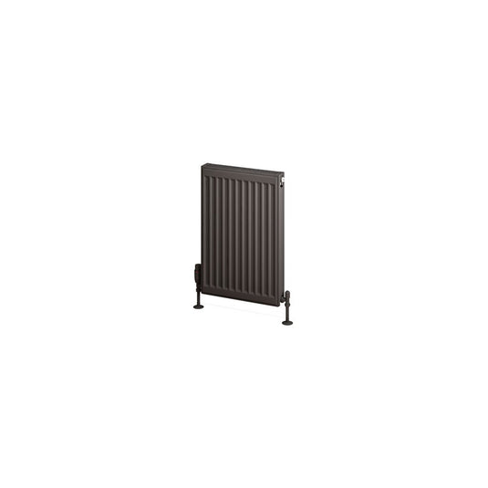 Modern black panel radiator with vertical slats, freestanding bathroom heating unit