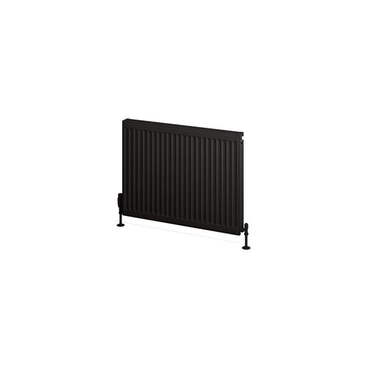 Modern black panel bathroom radiator with vertical grooves and floor-mounted legs