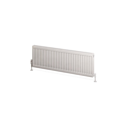 Horizontal white double panel radiator with angled valves for modern bathroom heating