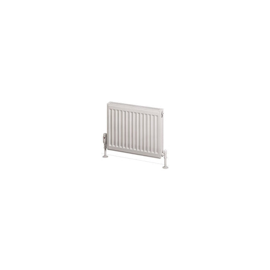 Modern white panel radiator with visible floor-mounted valves, isolated on white background