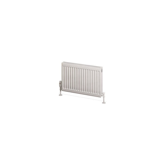 White horizontal panel radiator with valves, modern bathroom heating product