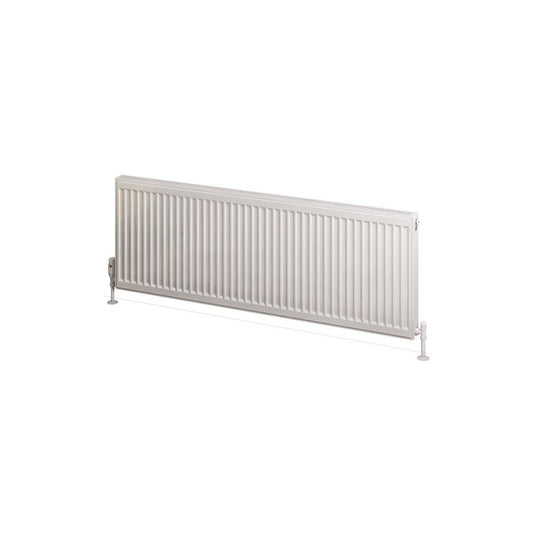 Horizontal white panel radiator with floor mounting, modern central heating design