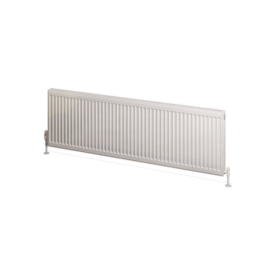 Horizontal white panel radiator with vertical grooves on a white background