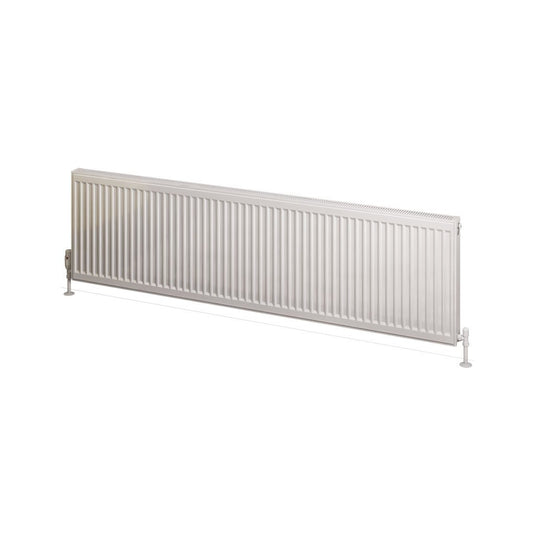 Horizontal white panel radiator for bathroom heating on white background