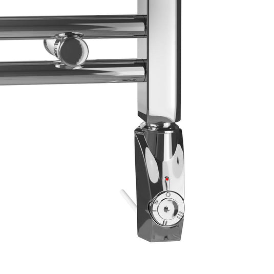 Chrome heated towel rail with adjustable thermostat control for bathroom