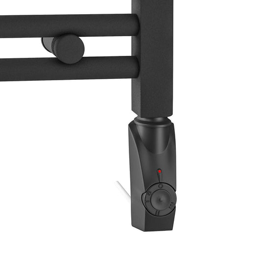 Black electric heated towel rail control close-up with adjustable temperature dial