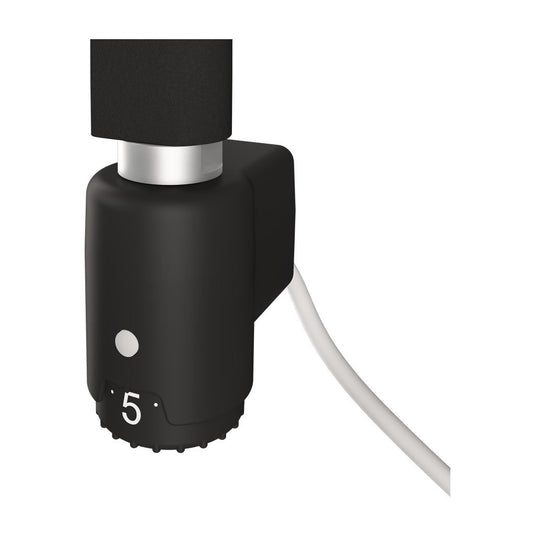 Black electric radiator valve with temperature control dial and visible cable