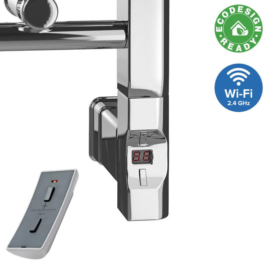 Chrome heated towel rail with digital control panel, remote, and Wi-Fi smart features