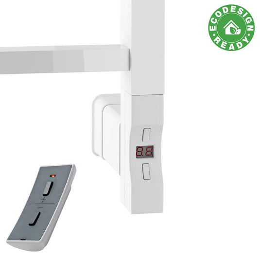 White electric towel rail control panel with digital display and remote, eco design ready badge