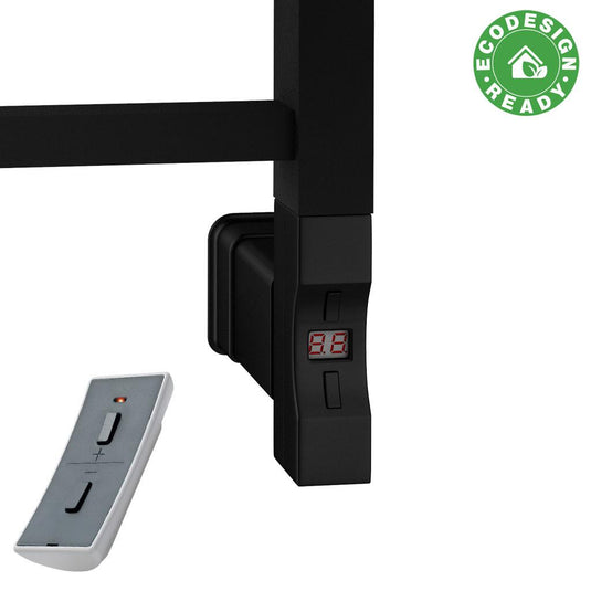 Black electric heated towel rail with digital display, remote control, EcoDesign ready badge