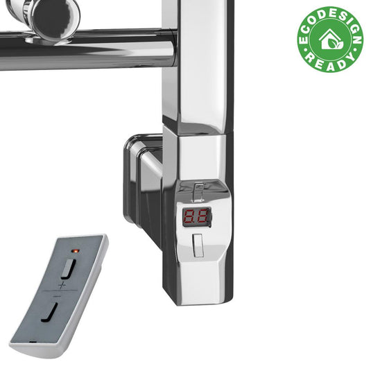 Chrome heated towel rail control panel with digital display and remote, EcoDesign Ready label
