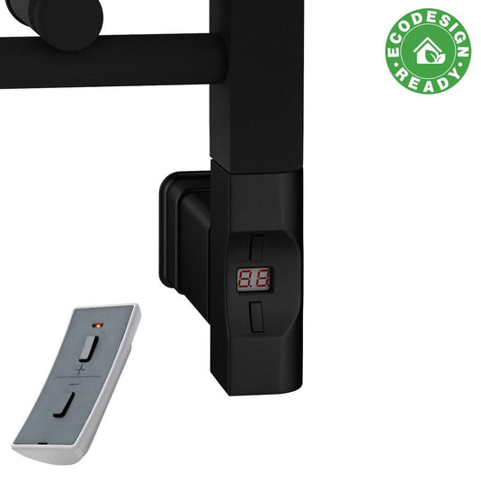 Black heated towel rail with digital control and remote, EcoDesign Ready label