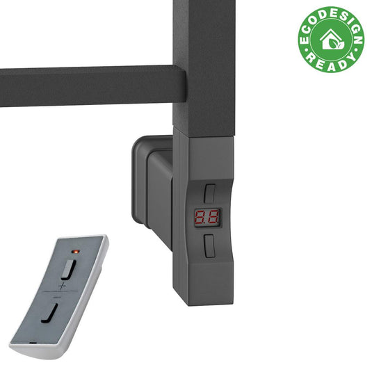 Black electric towel rail control with digital display, remote and Ecodesign Ready badge