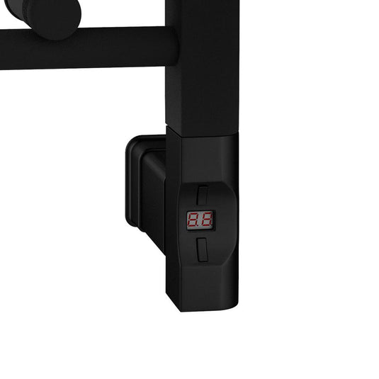 Matte black electric towel rail control panel with digital temperature display for bathroom