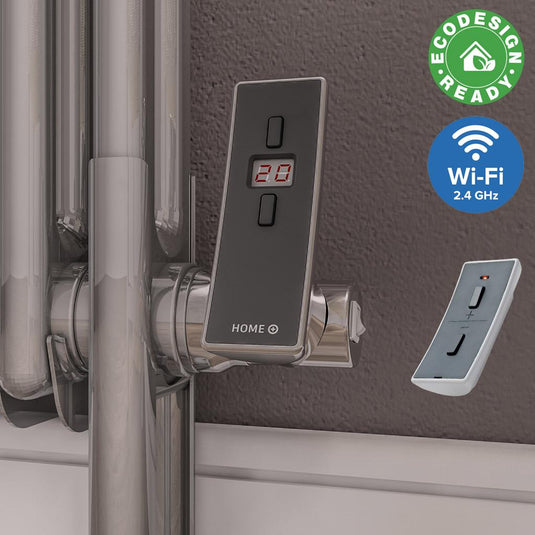 Digital Wi-Fi electric radiator thermostat control, EcoDesign Ready, mounted on chrome pipes