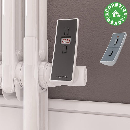 Digital heated towel rail thermostat control with EcoDesign Ready badge on radiator