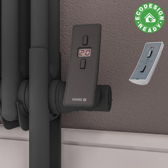 Black electric towel rail thermostat with digital display and eco design ready badge