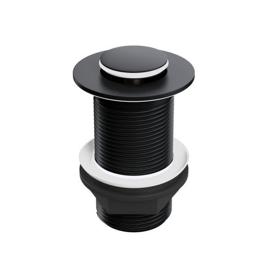 Matte black slotted basin click clack waste with round design on white background