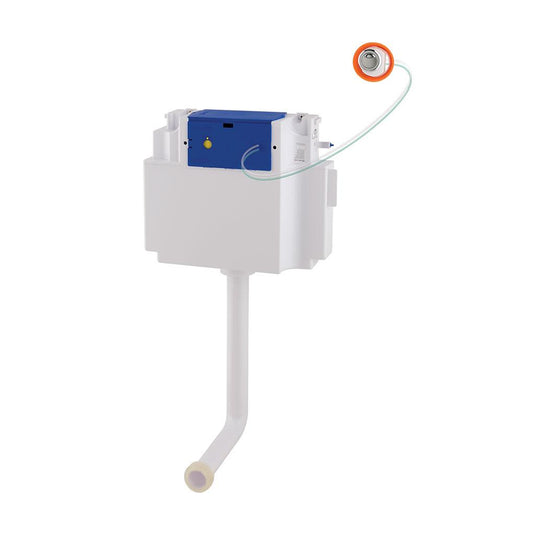 Concealed cistern with flush pipe and pneumatic flush button for wall-hung toilet installation