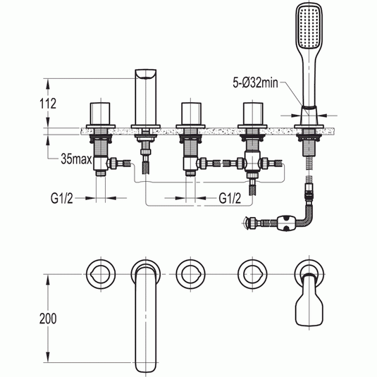 Flova Allore 5-Hole Deck Mounted Bath Shower Mixer Diamond Chrome | AL5HBSM - Envy Bathrooms Ltd