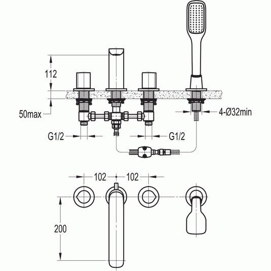 Flova Allore Deck Mounted 4 Hole Bath Shower Mixer Tap with Handset Kit AL4HBSM - Envy Bathrooms Ltd