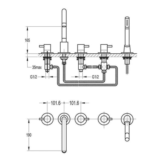 Flova Levo 5 Hole Deck Mounted Bath Shower Mixer Tap with Pull Out Handset LV5HBSM - Envy Bathrooms Ltd