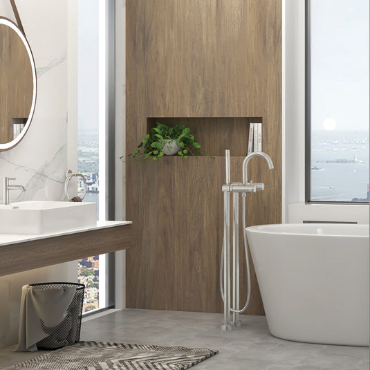 Flova Levo Floor Standing Bath and Shower Mixer Brushed Nickel | BN-LVTBSM - Envy Bathrooms Ltd