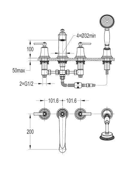 Flova Liberty 4 Hole Deck Mounted Bath Shower Mixer Tap with Pull Out Handset - Chrome LI4HBSM - Envy Bathrooms Ltd