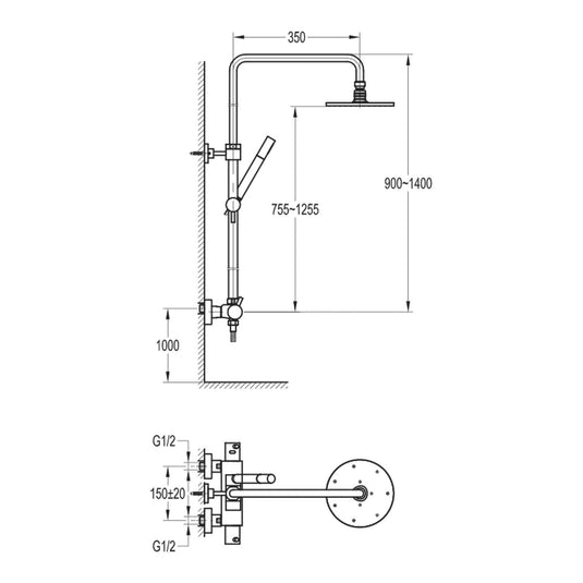 Flova Linea Thermostatic 2-Outlet Adjustable Height Shower Column – Brushed Brass - BRB-EXPSKIT - Envy Bathrooms Ltd