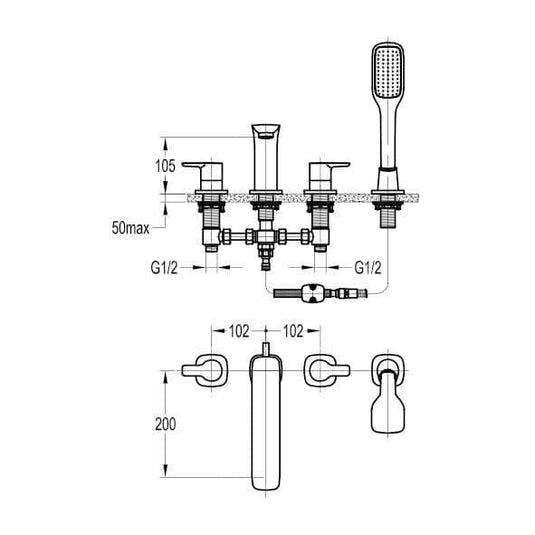 Flova Urban 4 Hole Deck Mounted Bath Shower Mixer Tap with Pull Out Handset UR4HBSM - Envy Bathrooms Ltd